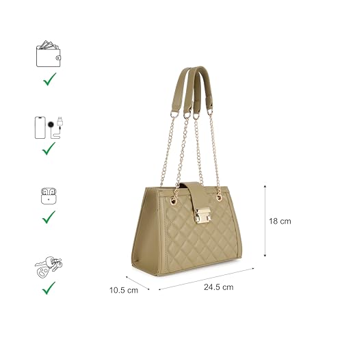 Fastrack Olive SnapLock Shoulder Bag | Quilted Faux-Leather Women’s Handbag | Shoulder Bag with Chain Strap & Dual Closure