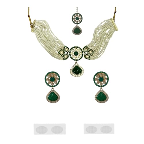 ACCESSHER Pearl & Green Stone & AD Choker Necklace with Maangtikka & Earrings With a Pair of Transparent earrings supporter sticker & Maangtikka Supporter Patch