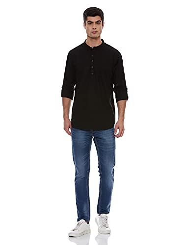 Max Men's Full Sleeves Mandarin Collar Solid Regular Fit Cotton Shirt Black