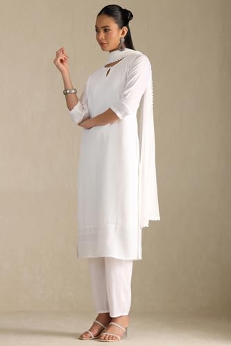Soch Womens White Art Silk Embroidered Suit Set With Sequins