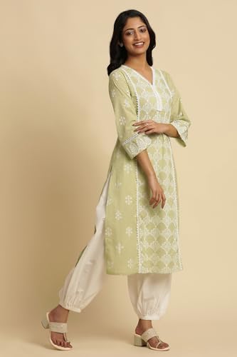 W for Woman Women's Cotton Floral Regular Kurta (24FEW10491-123114_Light Green