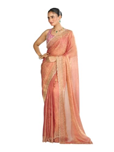 MOHEY Women's Organza Cutdana Work, Stone Work & Woven Saree with Blouse Piece (Pink)
