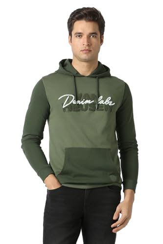 Men Green Embroidered Hooded Neck Sweatshirt