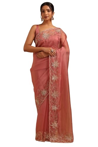 Soch Womens Pink Organza Floral Saree With Cutdana