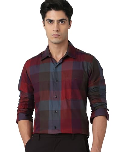 MUFTI Men Shirt | Slim Fit Spread Collar Plaid Tartan Design | 100% Cotton Twill Fabric with Chest Pocket & Curved Hem | Smart Casual Deep Burgundy Red 6XL