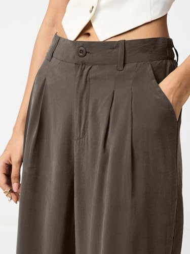 The Souled Store Pleated Trousers: Taupe Women and Girls Solid Viscose Blend Straight Fit Mid Rise Wide Leg Pleated Front Elastic Back Pants