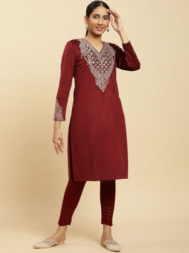 W for Woman Maroon Embroidered Flared Velvet Kurta (Size: 2XL)-24NOW10358-220780