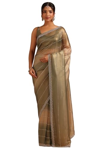 Soch Womens Green Tissue Ombre Saree With Stone Work