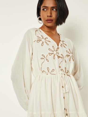 Max Women Embroidered Tiered A-line Dress (Off White_XL)