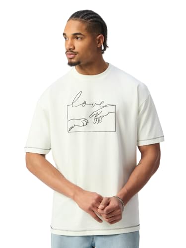 The Souled Store The Happy Pawdcast: Love Men and Boys Short Sleeves Round Neck Off White Graphic Printed Casual Lightweight Drop Shoulder Streetwear Trendy Oversized T-Shirts