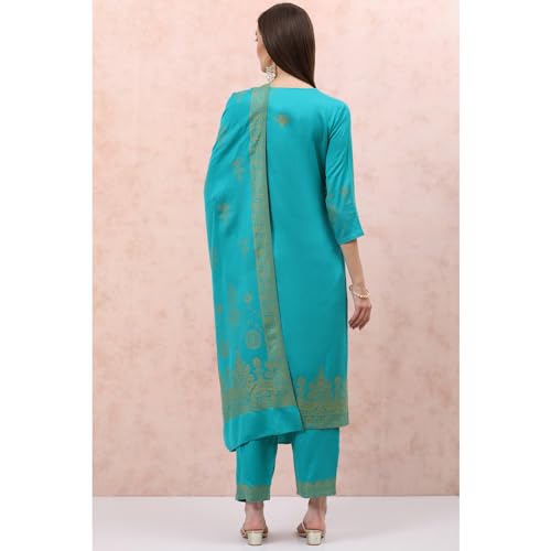 Rangriti Women Polyester Blend Yarndyed Suit Set (RSKWINTERW17223_Turquoise_M)