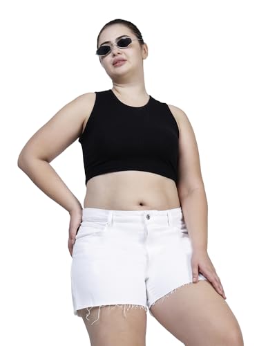 HAPPENING Plus Size Women Denim Shorts with Rugged Bottom Edges- Length 14" inch - MID Rise- Solid White Color- Non Stretch Fabric- Waist Size (L) 32 to (6XL) 44 inch (in, Alpha, 4XL, Solid White)