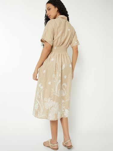Max Women Printed A-line Shirt Dress (Beige_S)