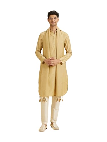 Manyavar Men's Art Silk Zip-Style Neck Kurta Set with Dupatta (Fawn,XL)