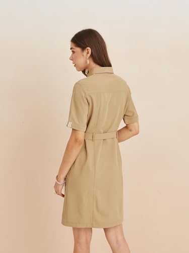 Latin Quarters Women's Beige Collar Neck Half Sleeves Solid Casual Shirt Dress_S