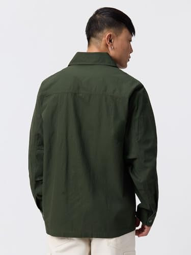 The Souled Store Utility Shacket: Dark Basil Men and Boys Long Sleeve Spread Collar Dark Green Solid Lightweight Easy to Style Everyday Office Wear Casual Cotton Shirt