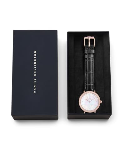 Daniel Wellington Crystal Bezel Analogue Watch for Women with Mother of Pearl White Round Dial & Black Leather Strap Band Water Resistant Women's Wrist Watches - DW00100827K