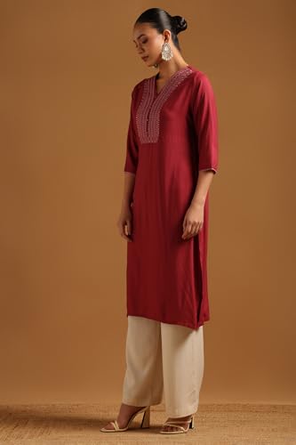 Soch Womens Onion Pink Rayon Embroidered Kurta with Thread Work
