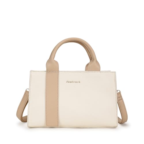 Fastrack Chic Beige Satchel Bag | Faux Leather Structured Handbag with Zip Closure | Roomy Compartment with Organizer Pockets | Dual Carry Satchel with Top Handles & Detachable Strap