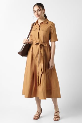 Women Yellow Ochre Solid Calf-Length Casual Dress