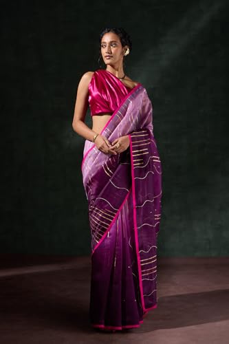 Taneira Women Purple Pure Organza Printed Embroidery Saree with Unstitched Blouse Piece (SABGMQPOO0101-Purple)