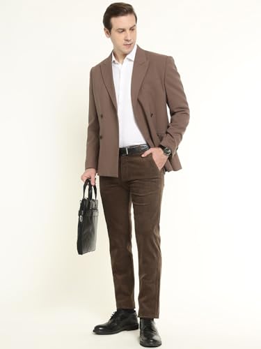 Hancock Men Cotton Solid Slim Fit Trousers Brown Size 32, Durable Fabric with a Tailored Finish, Comfortable Stretch Waistband, Machine Washable Easy Care Fabric