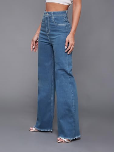 Miss Chase Women's Wide-Leg High-Rise Regular-Length Stretchable Denim Jeans (MCAW25DEN62-54-456-36, Cornflower Blue, 36)