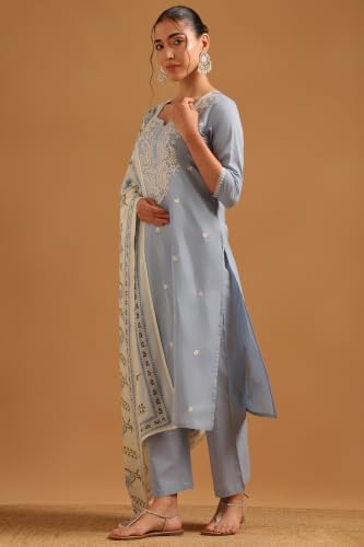 Soch Womens Blue Cotton Botanical Chikankari Embroidered Salwar Suit