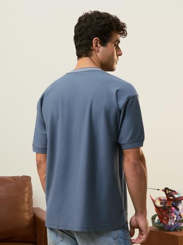 The Souled Store Varsity T-Shirt: Sangria Men and Boys Short Sleeves V-Neck Embroidered Casual Lightweight Drop Shoulder Streetwear Trendy Oversized T-Shirts