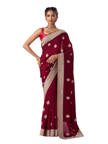 MOHEY Women's Wine Silk Saree with Stone Work with Blouse Piece (Wine)