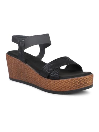 Women Black Textured Open-Toe Wedges