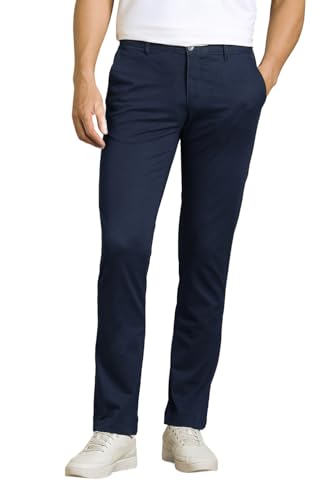 Men Navy Solid Flat Front Casual Trousers