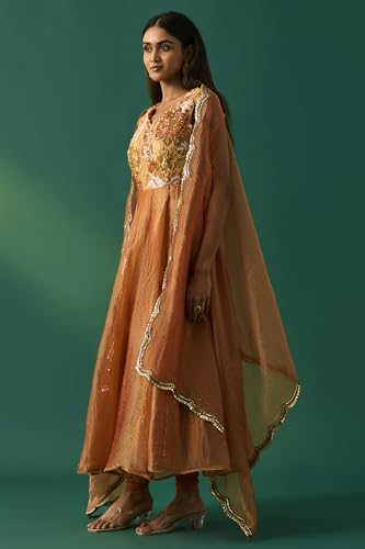 Wishful Women's Orange Embroidered Flared Dress with Churidar and Cape Set - (SP11492-401101-XL)