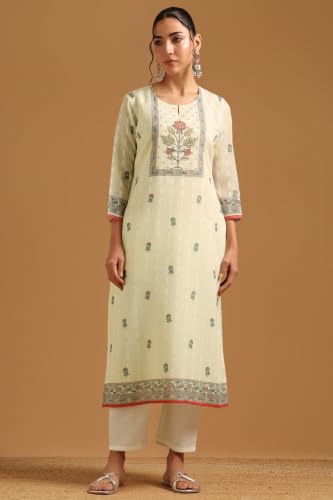 Soch Womens Cream Linen Botanical Salwar Suit With Beads And Stones