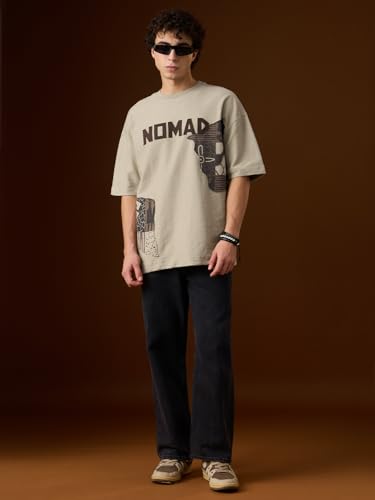 The Souled Store Textured T-Shirt: Nomad Men and Boys Short Sleeves Round Neck Beige Graphic Printed Casual Drop Shoulder Streetwear Trendy Super Oversized T-Shirts