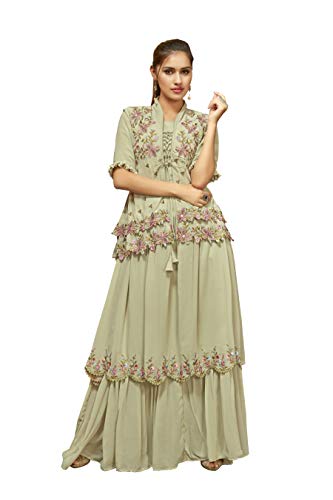Shampysky Women's Sage Green Georgette Embroidered Jacket Style Gown with Ruffled Dupatta for Wedding XXL