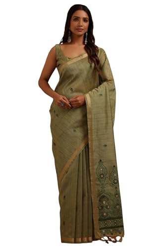 Soch Womens Green Tussar Woven Design Saree