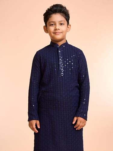 Manyavar Boys Viscose Chikankari Sequined Kurta Pyjama Set (Dark Blue,10-12Y)