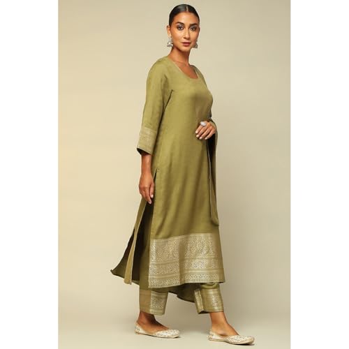 Rangriti Women Green Acrylic Straight Yarn Dyed Kurta Palazzo Suit Set_38