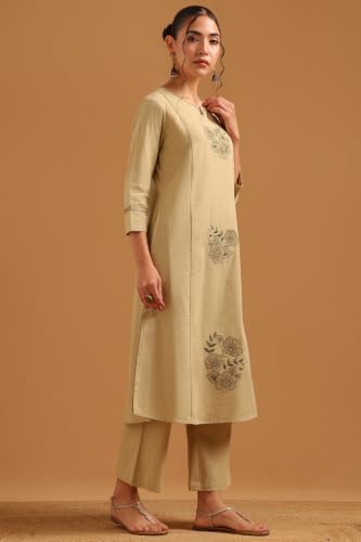 Soch Womens Beige Cotton Flex Floral Thread Work Kurta Set