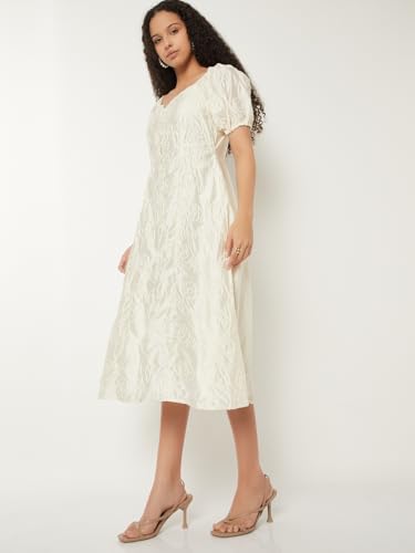 Max Kalki x Max Women Embroidered A-line Midi Dress (White_XL)