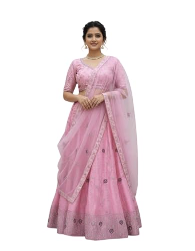 Woman's Jimmichu Embroidery Designer Lehenga Choli with Dupatta With Unstitched Blouse Stylish Design Wedding Lehenga Choli For Women (Pink)