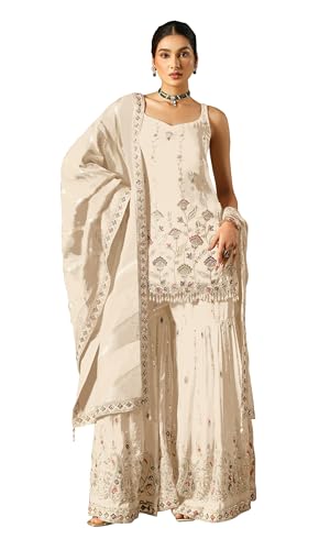 RUDRAPRAYAG Women's Faux Georgette Fabric With Embroidery Work Semi Stitched Sharara Palazzo Anarkali Suit With Dupatta