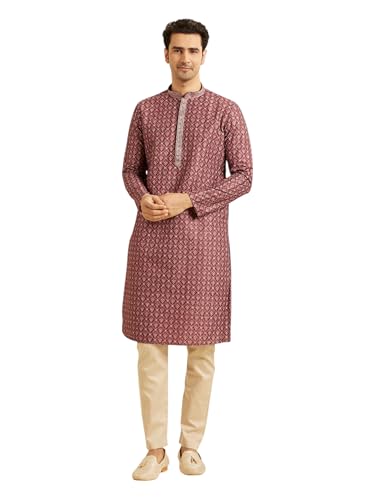 Manyavar Men's Art Silk Printed Kurta Pyjama Set (Rust,XXL)