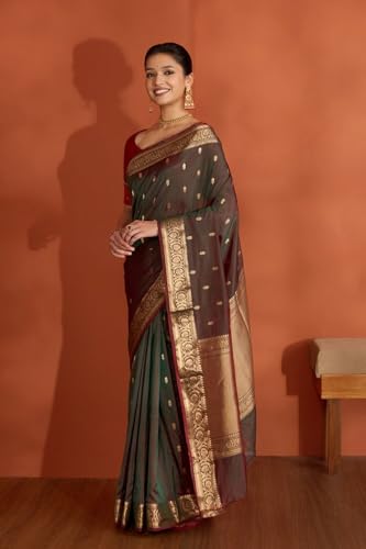Taneira Women Dark Green Silk Viscose Cutwork Banarasi Saree with Unstitched Blouse Piece (SAPH03AA9879-Dark Green)