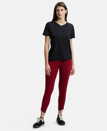 Jockey Women's Super Combed Cotton Elastane Stretch Leggings with Coin Pocket and Contrast Side Piping_Style_AW73_Rhubarb_L