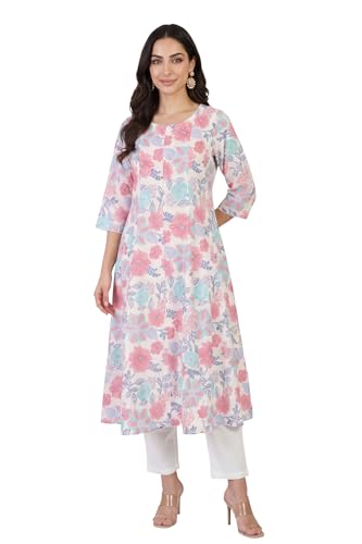 W for Woman White Floral Printed Pure Cotton Flared Kurta with Trousers Set - (WS14520K-128160-XS)