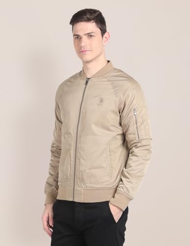 U.S.Polo Association Men's Solid Stand Collar Bomber Jacket (USJCKO3014_Beige_2XL)