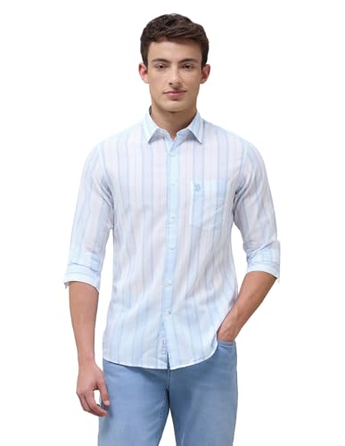 U.S.Polo Association Men's Vertical Striped Regular Fit Shirt (USSHT3378_Blue_44)