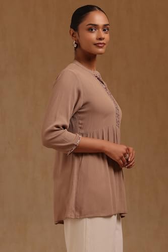 Soch Womens Beige Rayon Crepe Embroidered Tunic Thread Work